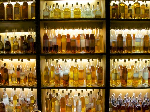 Cognac bottles at the Martel Distillery tour